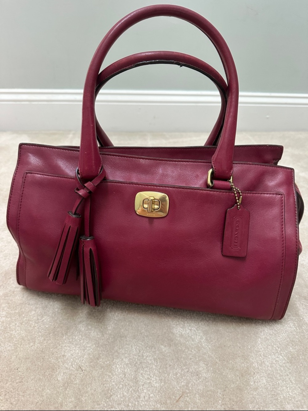 Coach Wine Leather Satchel with Tassel and Gold Turn-Lock - Picture 1 of 5